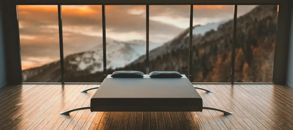 meuble éco-conçu dans chambre en bois avec vue sur nature